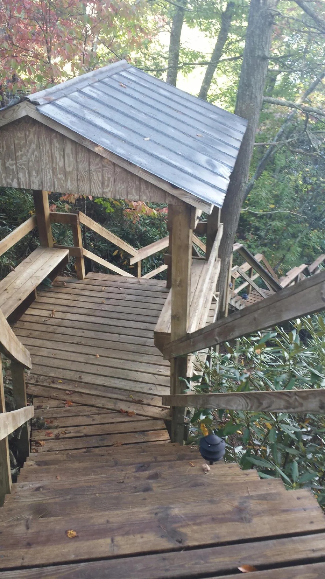 Metal roofed shelter over wooden steps on a wooded walkway — Skylight Repair & Installation work by our crew in Grand Ledge